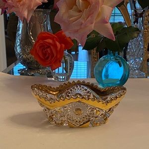 Vintage Cut Glass Crystal Gold Trimmed Candy Bowl